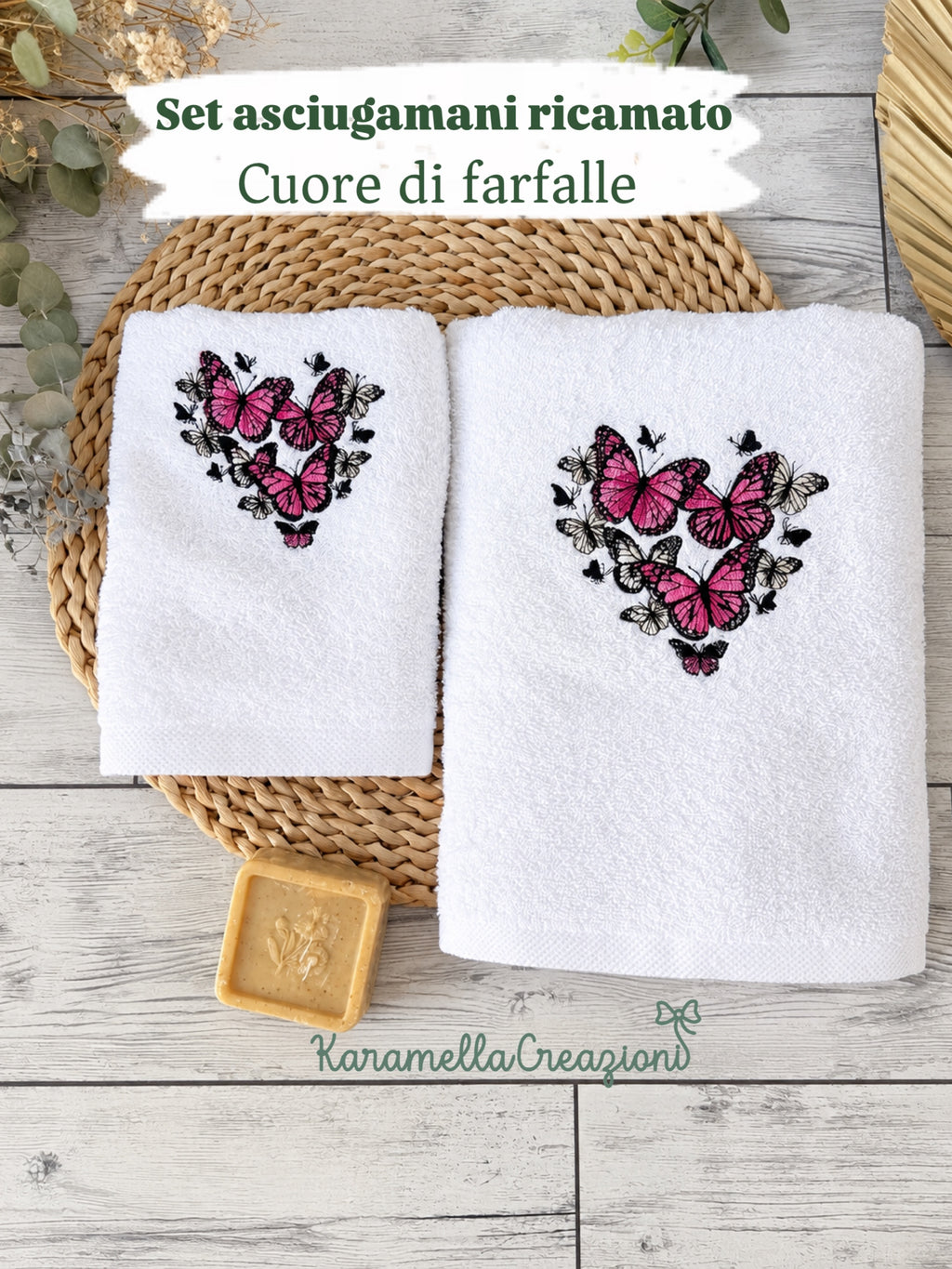 Set asciugamani ricamati “Cuore di farfalle” – Pezzo unico